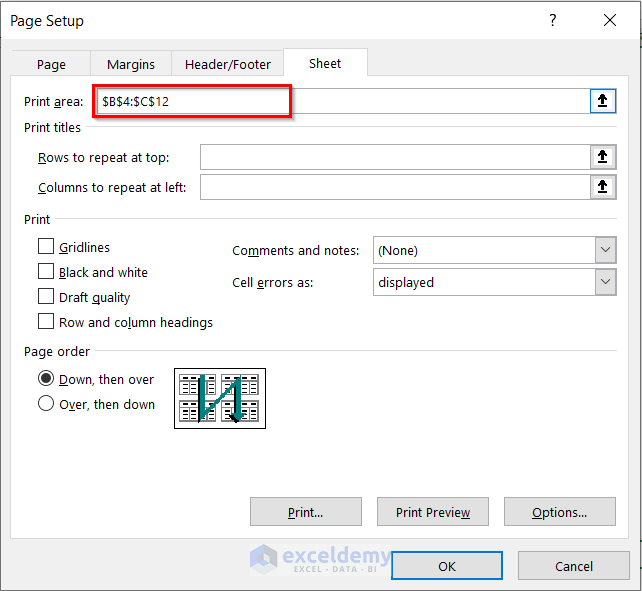 Page Setup Dialog Box to Print Selected Cells in Excel