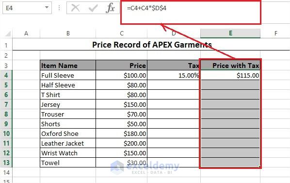 A column selected in Excel
