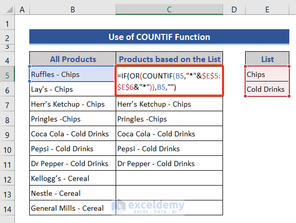Use the COUNTIF function to Return Value If Cell Contains Text from List