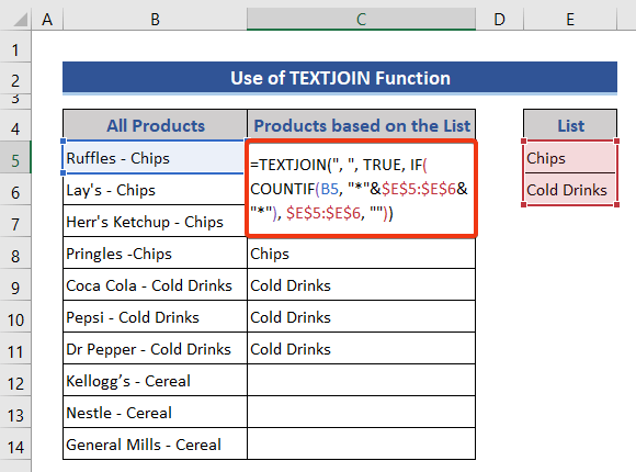 Use the TEXTJOIN function to Return Value If Cell Contains Text from List