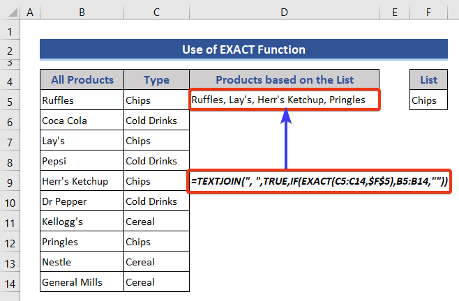 Apply the Exact function to Return Value If Cell Contains Text from List
