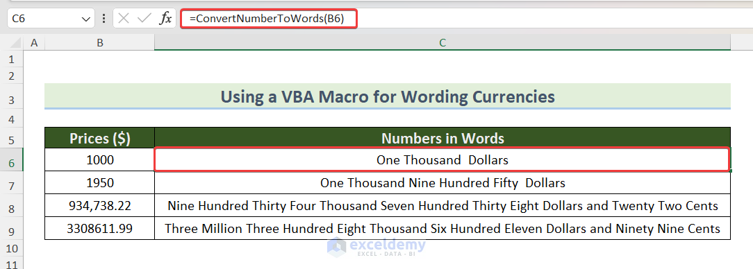 Convert numbers more than thousand to words in Excel