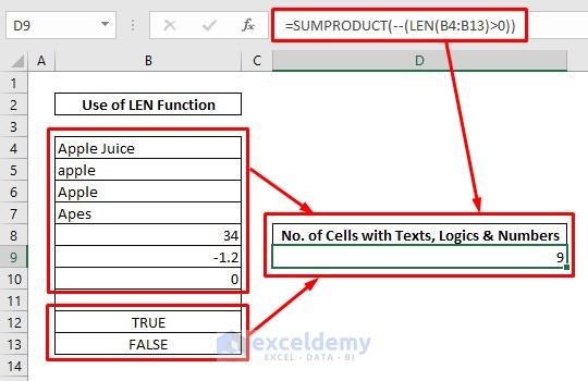 Count cells with texts by SUMPRODUCT & LEN functions