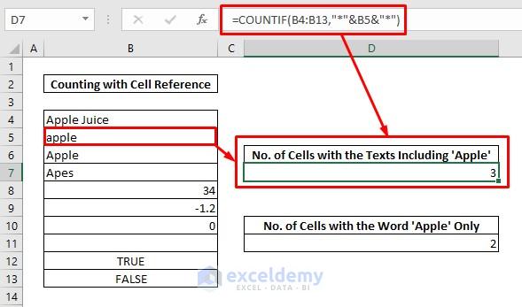 Count cells with texts under cell reference