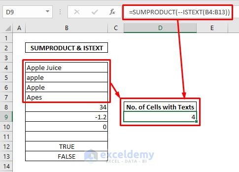 Count cells with texts by SUMPRODUCT & ISTEXT functions