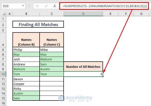 Count matches in columns with SUMPRODUCT, ISNUMBER & MATCH functions