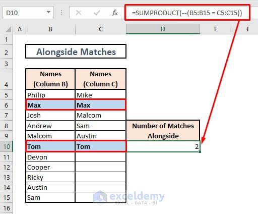 Count matches in two columns in excel by SUMPRODUCT
