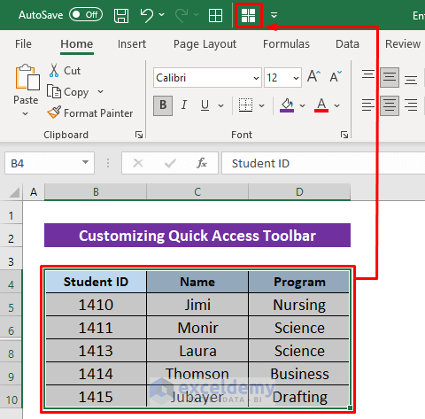 Apply Command from the Quick Access Toolbar to Copy Only Visible Cells