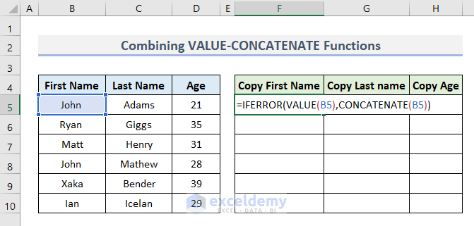 Combine VALUE-CONCATENATE Functions to Copy Cell Value to Another