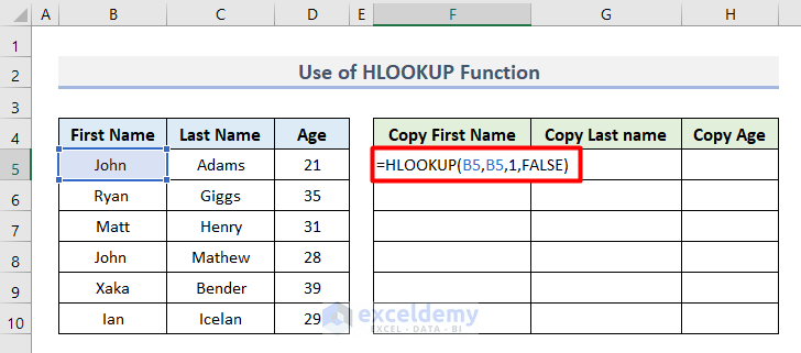 Copy Cell Value with HLOOKUP Function to Another Cell in Excel