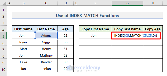 Excel Formula with INDEX-MATCH Functions to Copy Cell Value