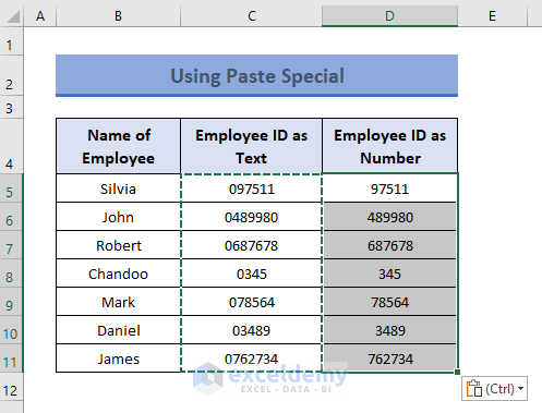 Paste Special Option to convert excel Number Stored as Text