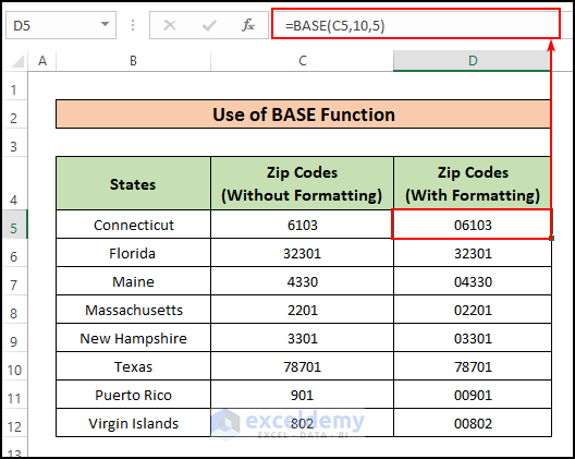 Using BASE Function to keep leading zeros in Excel