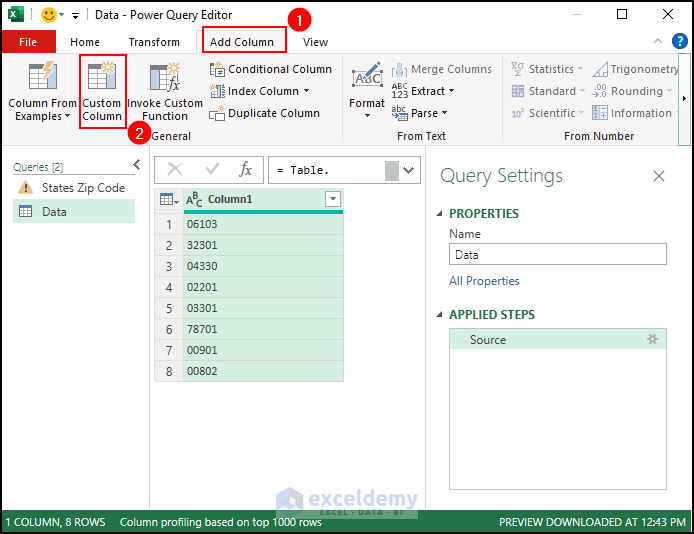 adding custom column in Excel power query