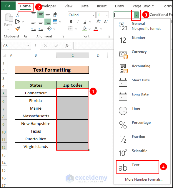 Applying Text format to add leading zeros in Excel