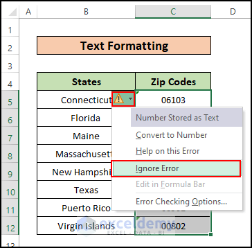 ignoring error for numbers in text format