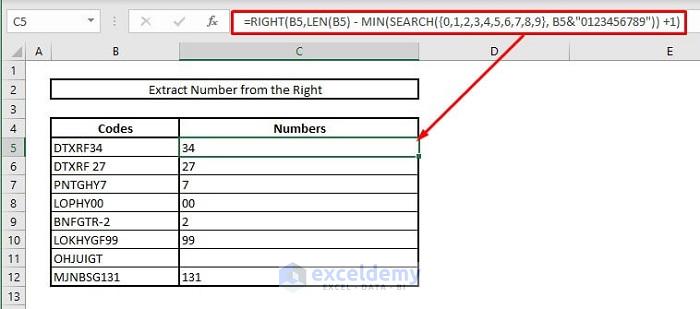 Extract only numbers from the right in a cell