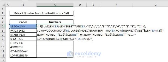 Extract only numbers from cell using sumproduct & indirect functions
