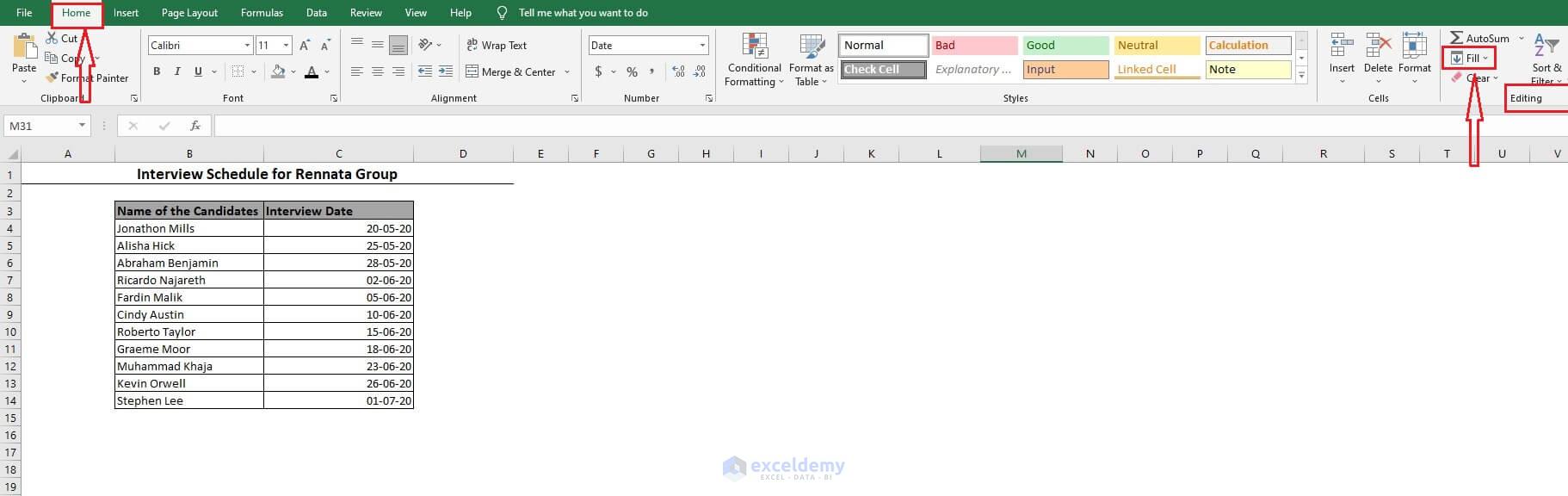 Fill Option in Excel Toolbar