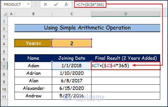 Using Simple Arithmetic Operation to Add Years to a Date in Excel