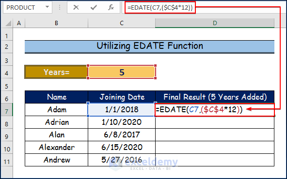 Utilizing EDATE Function to Add Years to a Date in Excel