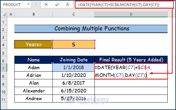 Combining Multiple Functions to Add Years to a Date in Excel