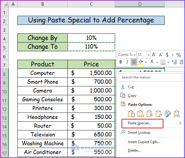 Using Paste Special Command as An Easy Way to Add a Percentage to a Number in Excel