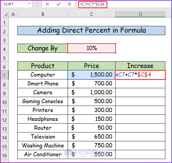 Applying Direct Percent in Formula as An Easy Way to Add a Percentage to a Number in Excel
