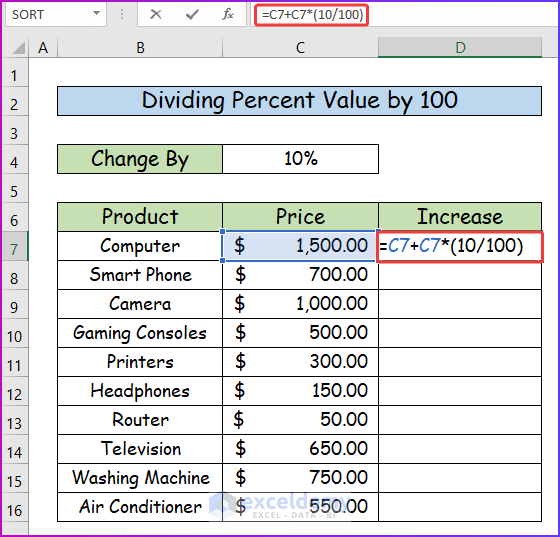 Dividing Percent Value by 100as An Easy Way to Add a Percentage to a Number in Excel