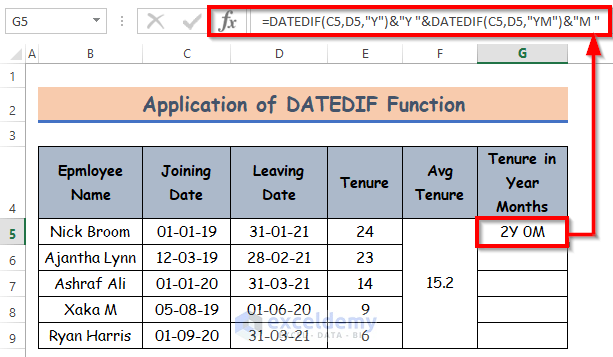 Applying DATEDIF Function to Calculate Tenure in Year-Months Format