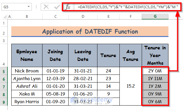 Applying DATEDIF Function to Calculate Tenure in Year-Months Format