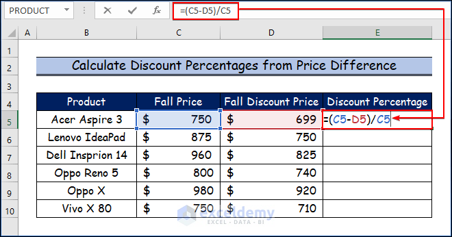  Calculate Discount Percentages from Price Difference to Calculate Discount Percentage in Excel