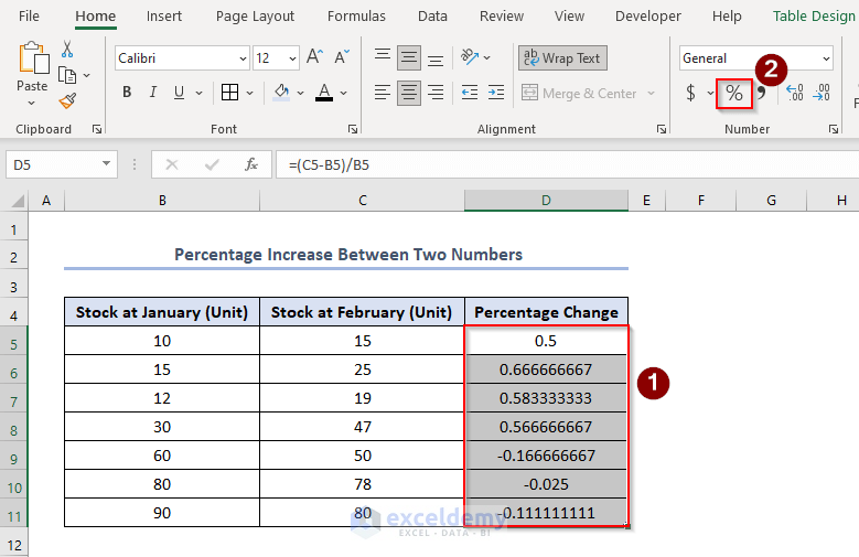 how to calculate percentage between multiple numbers in excel