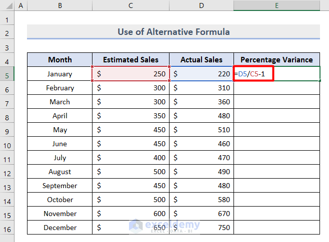 Get Variance Percentage in Excel Using Alternative Formula
