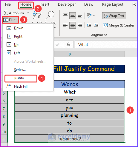 Applying Fill Justify Command as An Useful Method You Should Use to Concatenate Multiple Cells in Excel