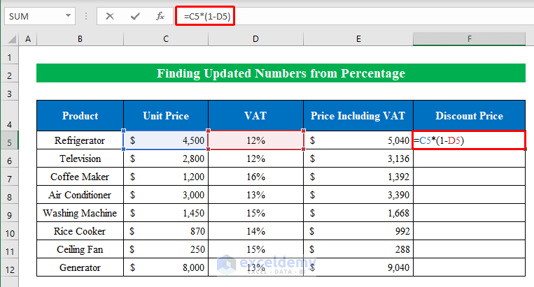 Finding Updated (Increment or Decrement) Numbers from Percentage in Excel