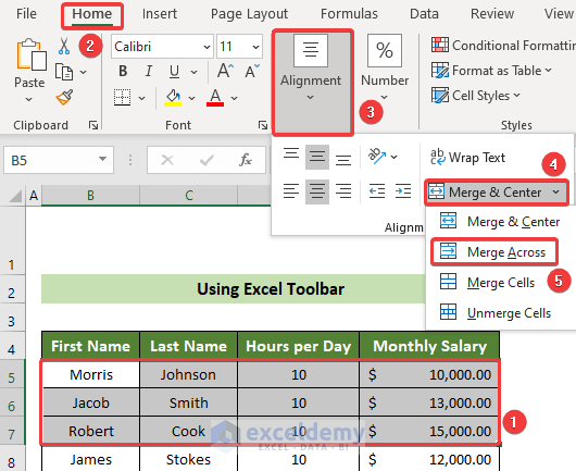 Choose the Merge Across Option to Merge Multiple Cells in Excel at Once