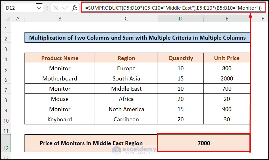 Multiplication of Two Columns and Sum with Multiple Criteria