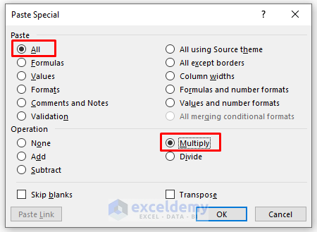 Select Multiply Option from the Paste Special Menu to Multiply a Column in Excel by a Constant