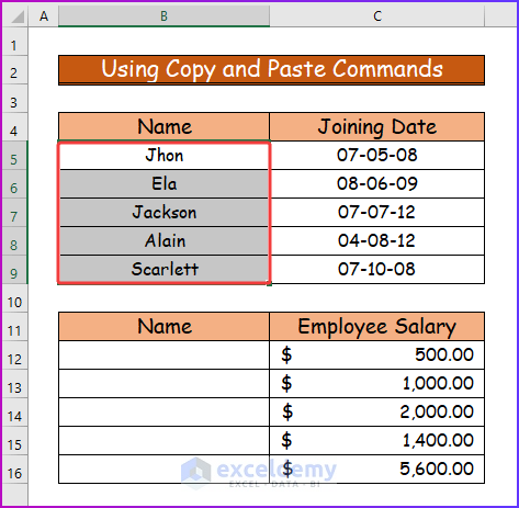 Selecting Cell Range for Using Copy and Paste Commands as An Easy Way to Shift Cells in Excel