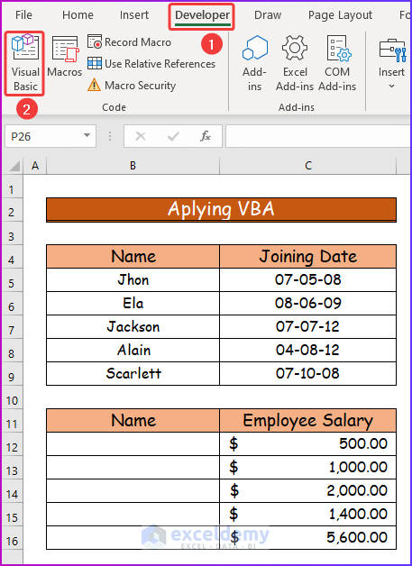 Selecting Developer Tab for Applying VBA as An Easy Way to Shift Cells in Excel