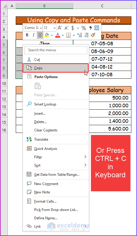 Choosing Copy Command for Using Copy and Paste Commands as An Easy Way to Shift Cells in Excel