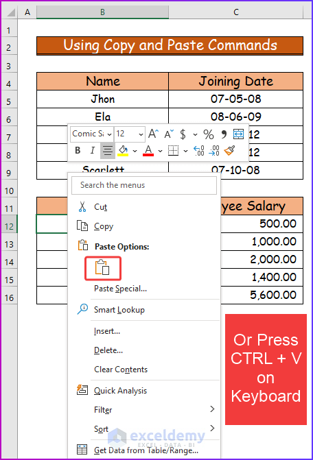 Choosing Paste Command for Using Copy and Paste Commands as An Easy Way to Shift Cells in Excel