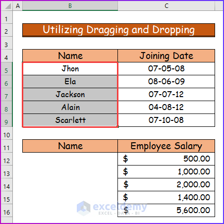 Selecting Cell Range for Utilizing Dragging and Dropping as An Easy Way to Shift Cells in Excel