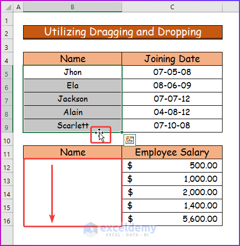 Dragging Selected Cell Range for Utilizing Dragging and Dropping as An Easy Way to Shift Cells in Excel