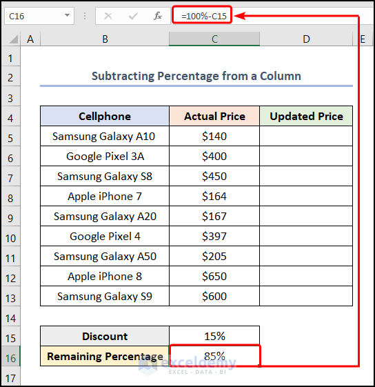 How to Subtract a Percentage from a Column in Excel