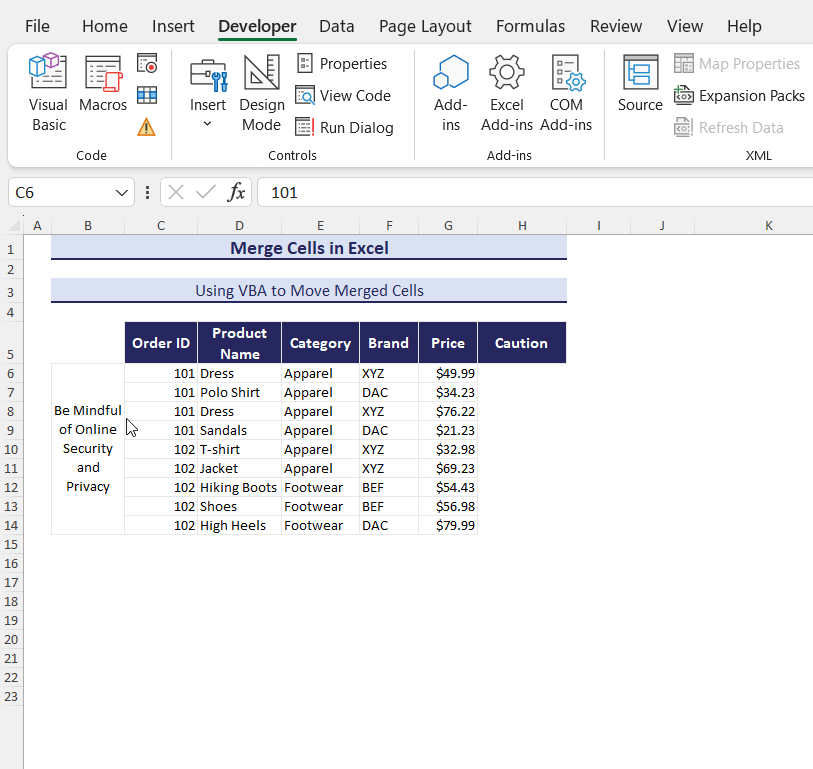 Moving Merge Cells in Excel