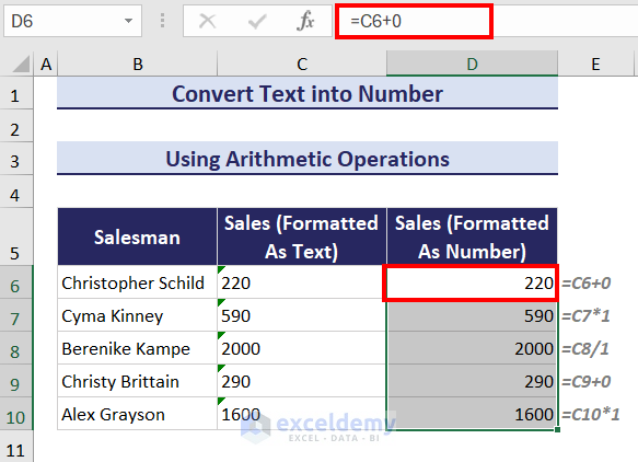 Output after Converting Number Stored as Text to Number in Excel