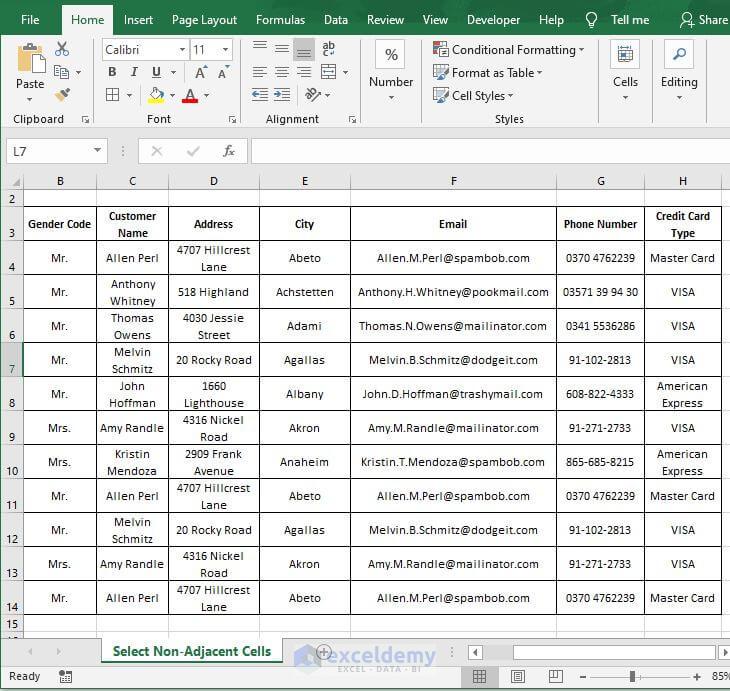 Excel Sheet look of article Select Non-Adjacent Cells