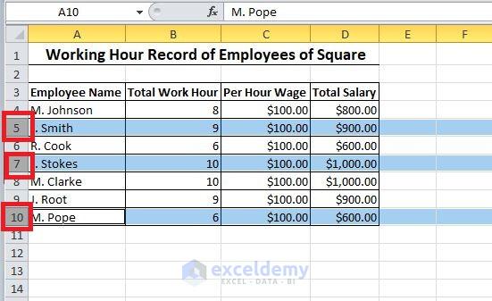 Select Non Adjacent Entire Rows to Select Multiple Cells in Excel